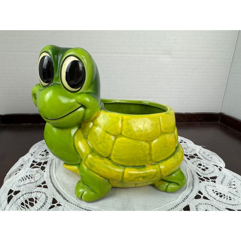 Vintage Ceramic Turtle Planter Green Yellow Anthropomorphic Tortoise Figurine